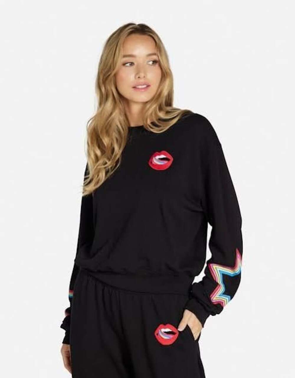 Lauren Moshi Candy Lip Crop Pullover Size L Black Sweatshirt